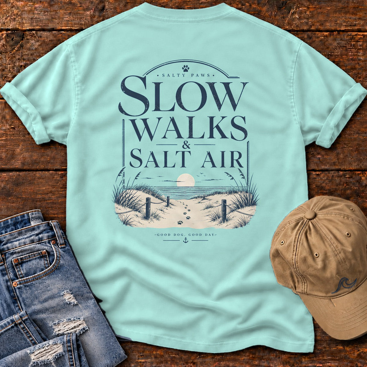 Slow Walks and Salt Air Comfort Colors T-Shirt in Chalky Mint, back design flat lay