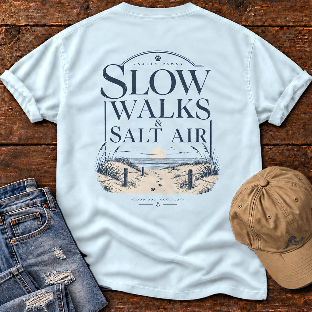 Slow Walks and Salt Air Comfort Colors T-Shirt in Chambray, back design flat lay