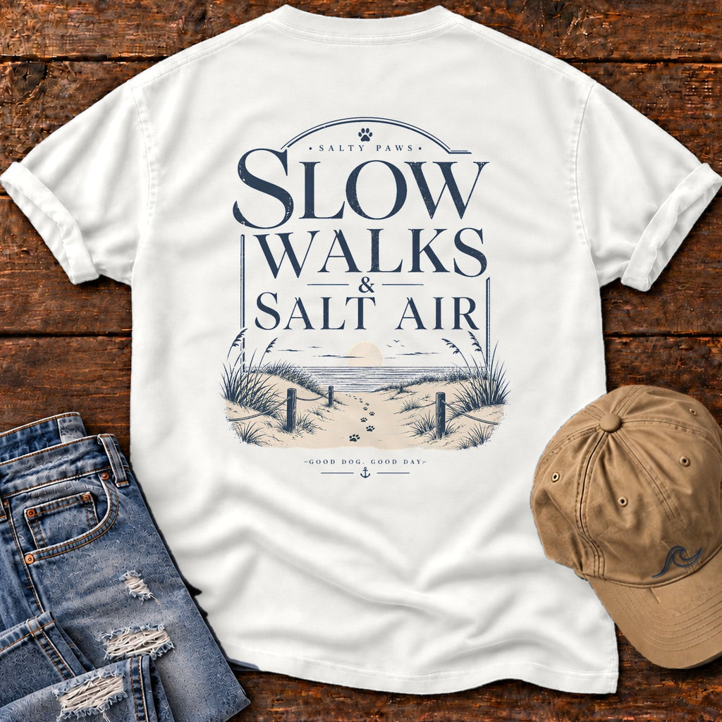 Slow Walks and Salt Air Comfort Colors T-Shirt in White, back design flat lay