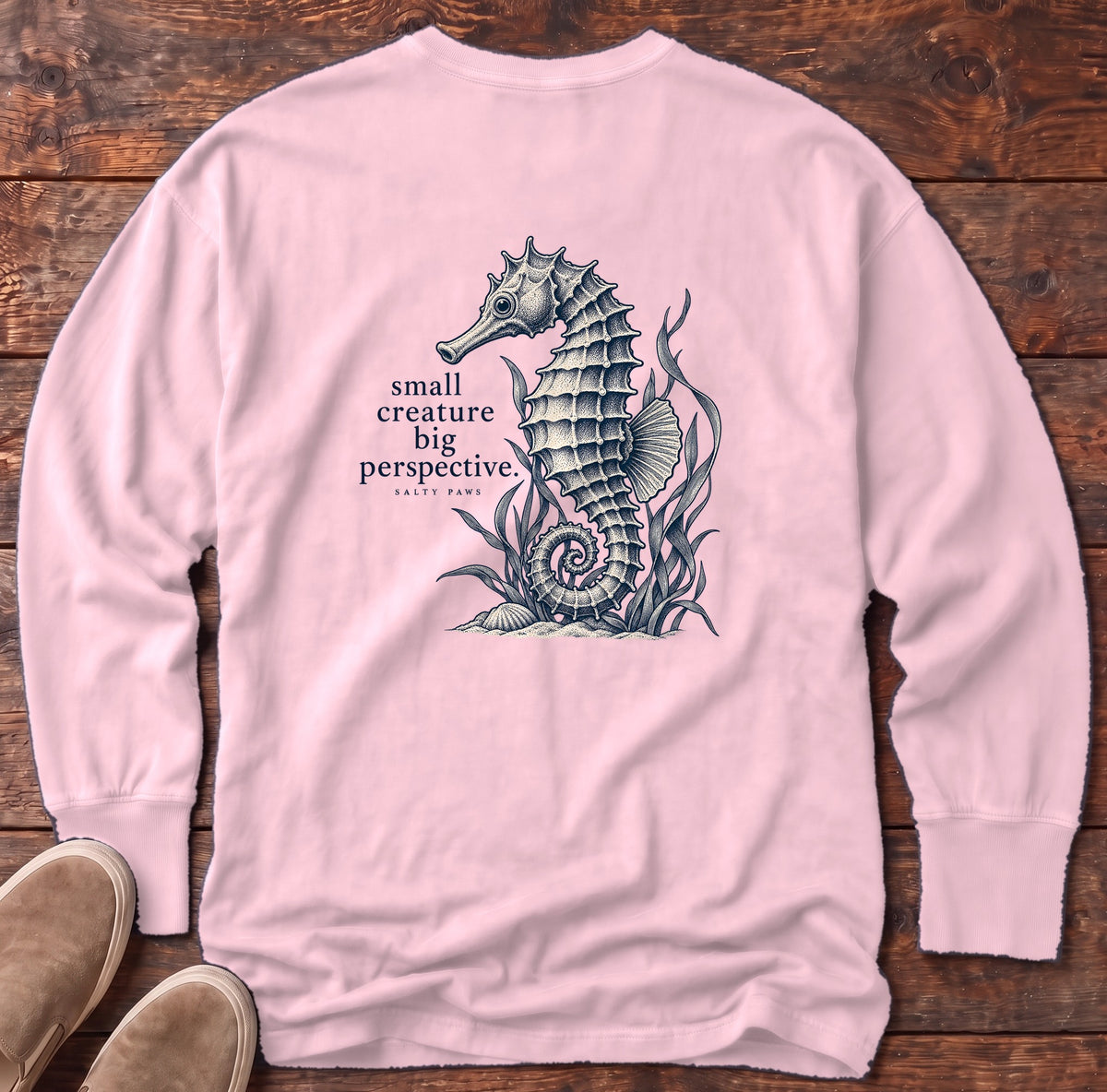 Small Creature, Big Perspective Seahorse Back Design Long Sleeve Tee Comfort Colors in Blossom, Salty Paws Comfort Colors Long Sleeve Tee, back design flat lay