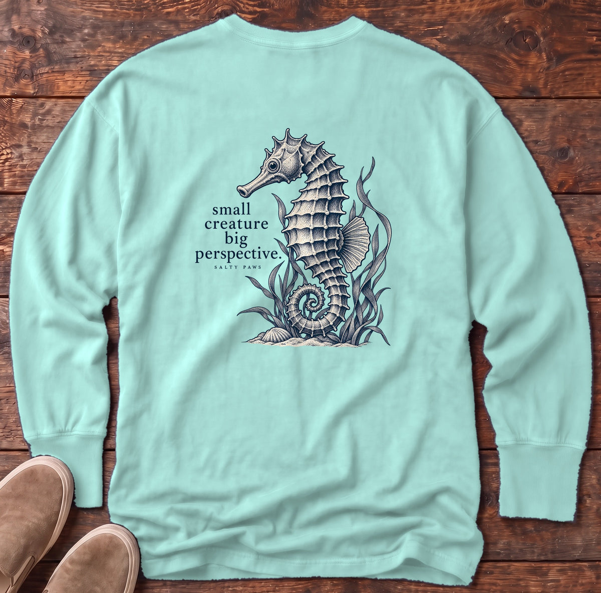 Small Creature, Big Perspective Seahorse Back Design Long Sleeve Tee Comfort Colors in Chalky Mint, Salty Paws Comfort Colors Long Sleeve Tee, back design flat lay