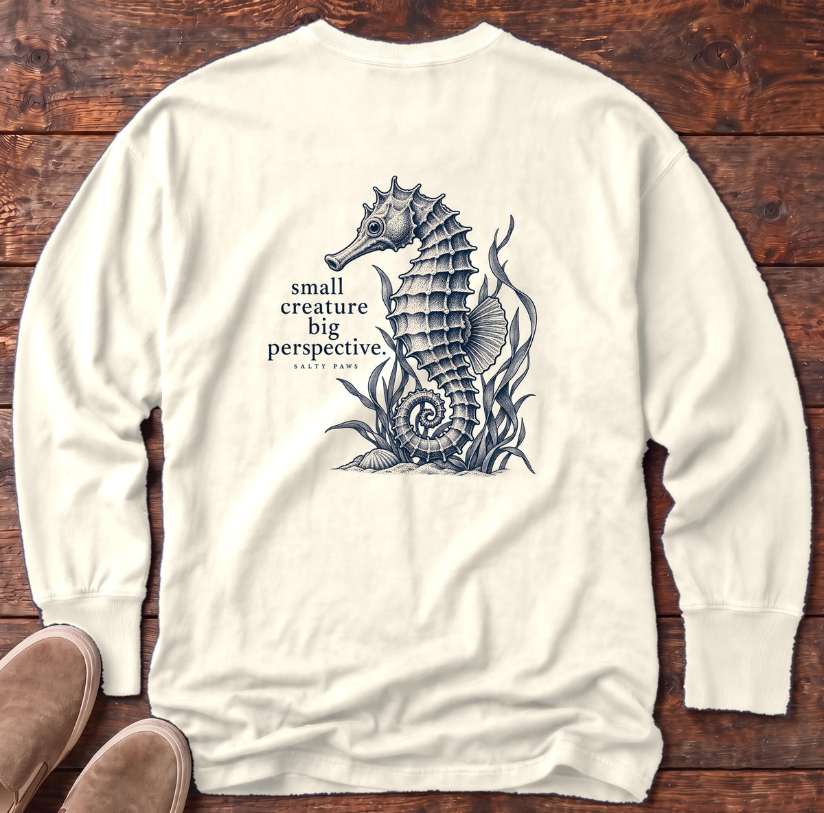 Small Creature, Big Perspective Seahorse Back Design Long Sleeve Tee Comfort Colors in Ivory, Salty Paws Comfort Colors Long Sleeve Tee, back design flat lay