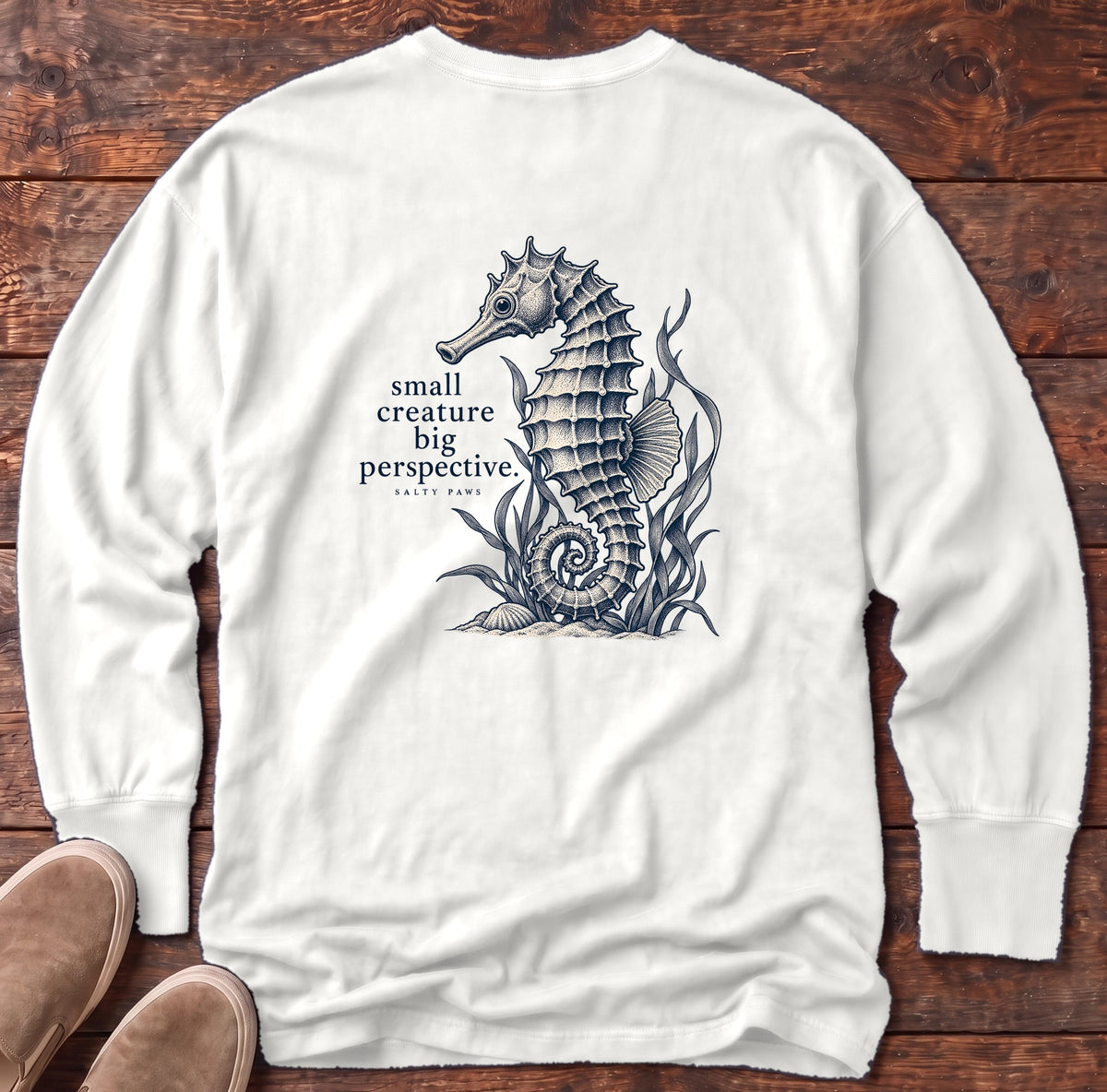 Small Creature, Big Perspective Seahorse Back Design Long Sleeve Tee Comfort Colors in White, Salty Paws Comfort Colors Long Sleeve Tee, back design flat lay