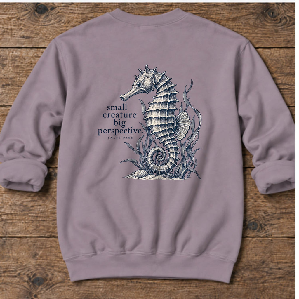 Small Creature, Big Perspective Seahorse Back Design Midweight Sweatshirt in Paragon, Salty Paws Midweight Sweatshirt, back design flat lay