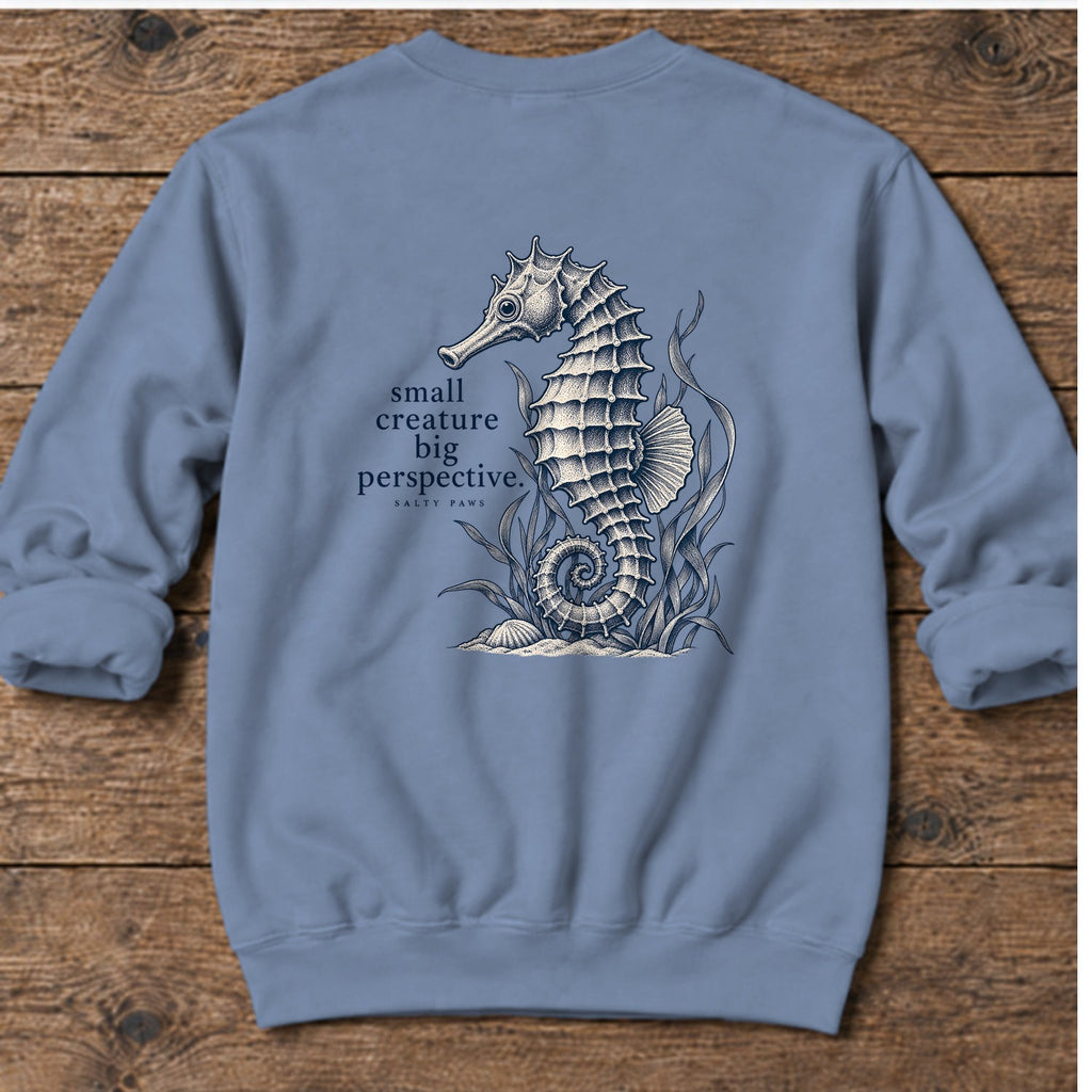 Small Creature, Big Perspective Seahorse Back Design Midweight Sweatshirt in Stone Blue, Salty Paws Midweight Sweatshirt, back design flat lay