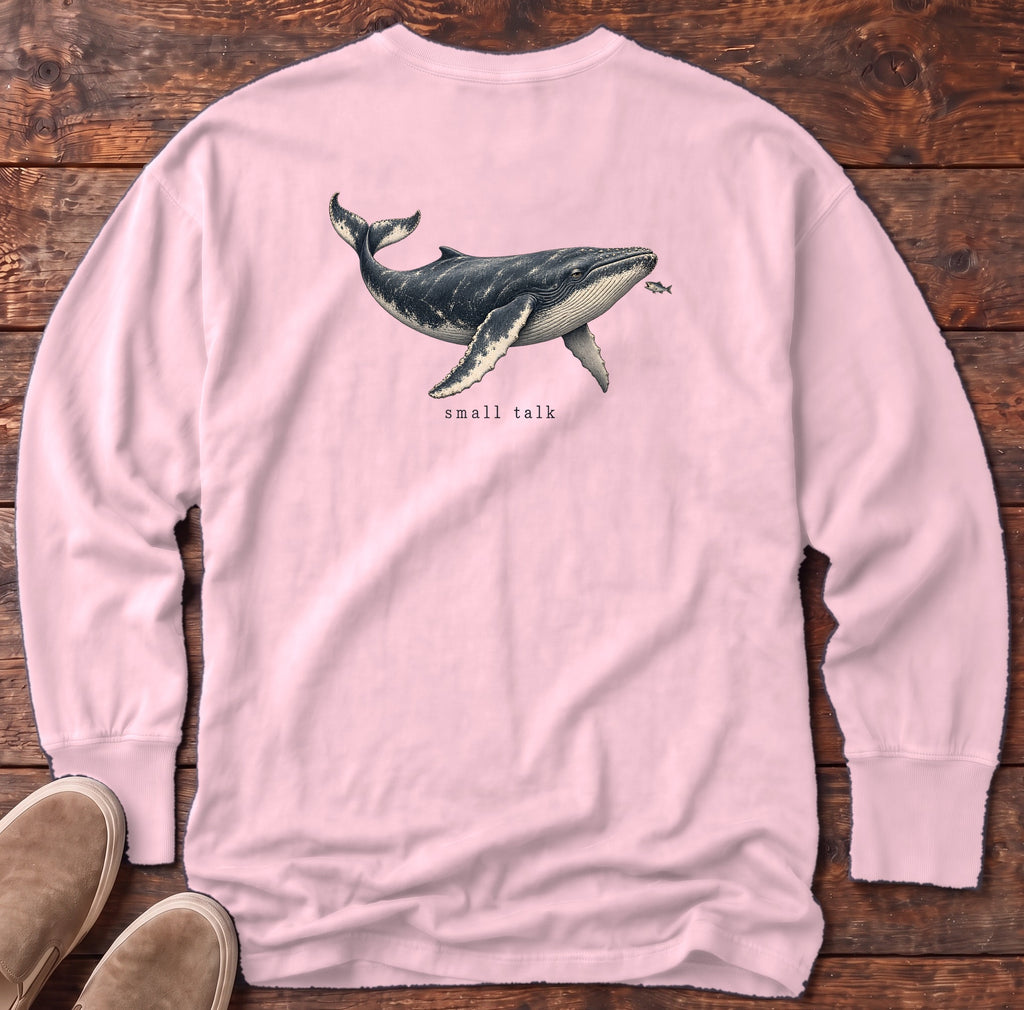 Small Talk Humpback Whale Back Design Long Sleeve Tee Comfort Colors in Blossom, Salty Paws Comfort Colors Long Sleeve Tee, back design flat lay