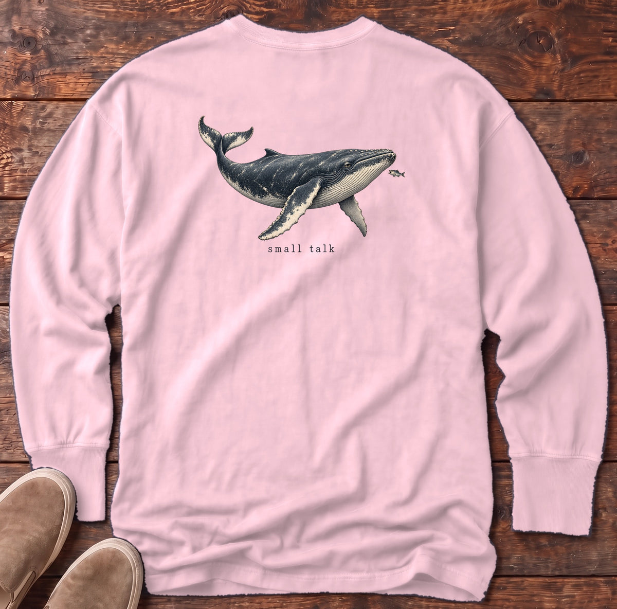 Small Talk Humpback Whale Back Design Long Sleeve Tee Comfort Colors in Blossom, Salty Paws Comfort Colors Long Sleeve Tee, back design flat lay
