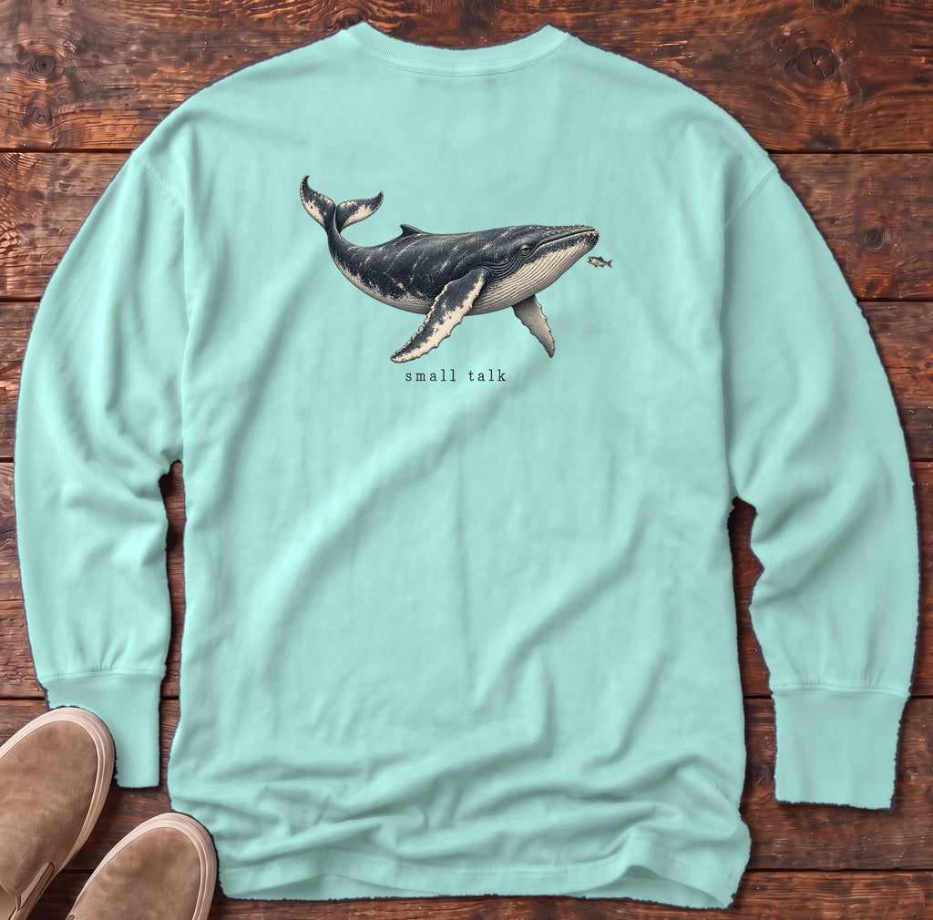 Small Talk Humpback Whale Back Design Long Sleeve Tee Comfort Colors in Chalky Mint, Salty Paws Comfort Colors Long Sleeve Tee, back design flat lay