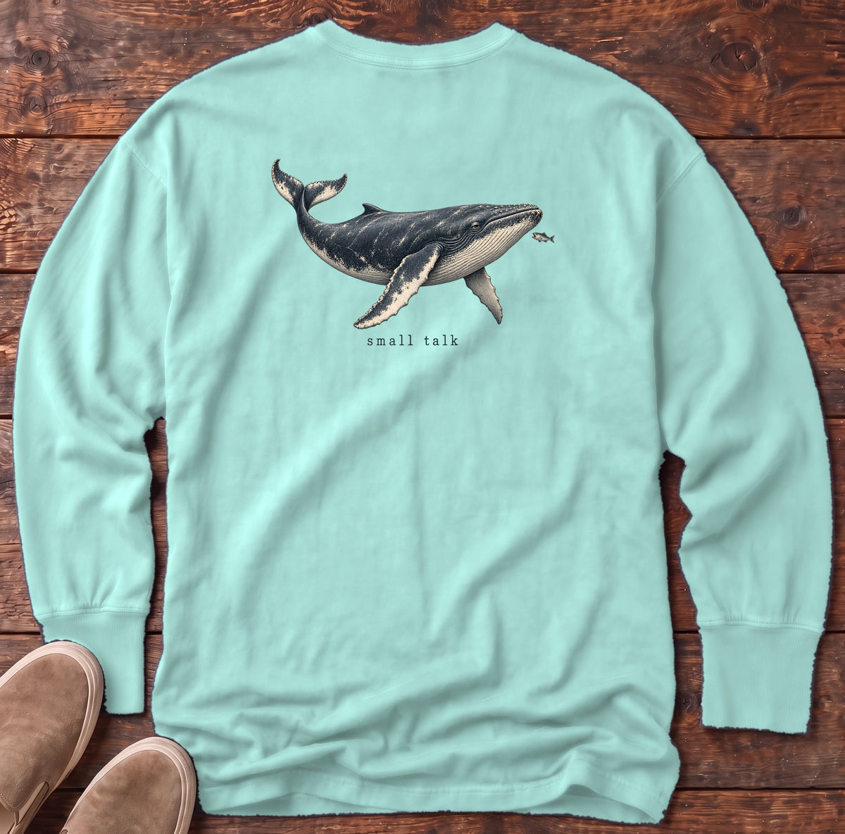 Small Talk Humpback Whale Back Design Long Sleeve Tee Comfort Colors in Chalky Mint, Salty Paws Comfort Colors Long Sleeve Tee, back design flat lay