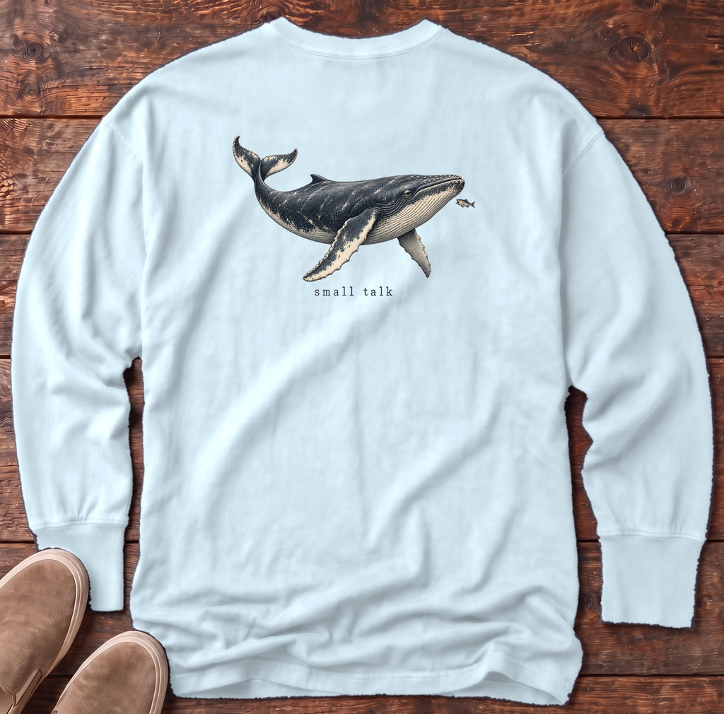 Small Talk Humpback Whale Back Design Long Sleeve Tee Comfort Colors in Chambray, Salty Paws Comfort Colors Long Sleeve Tee, back design flat lay