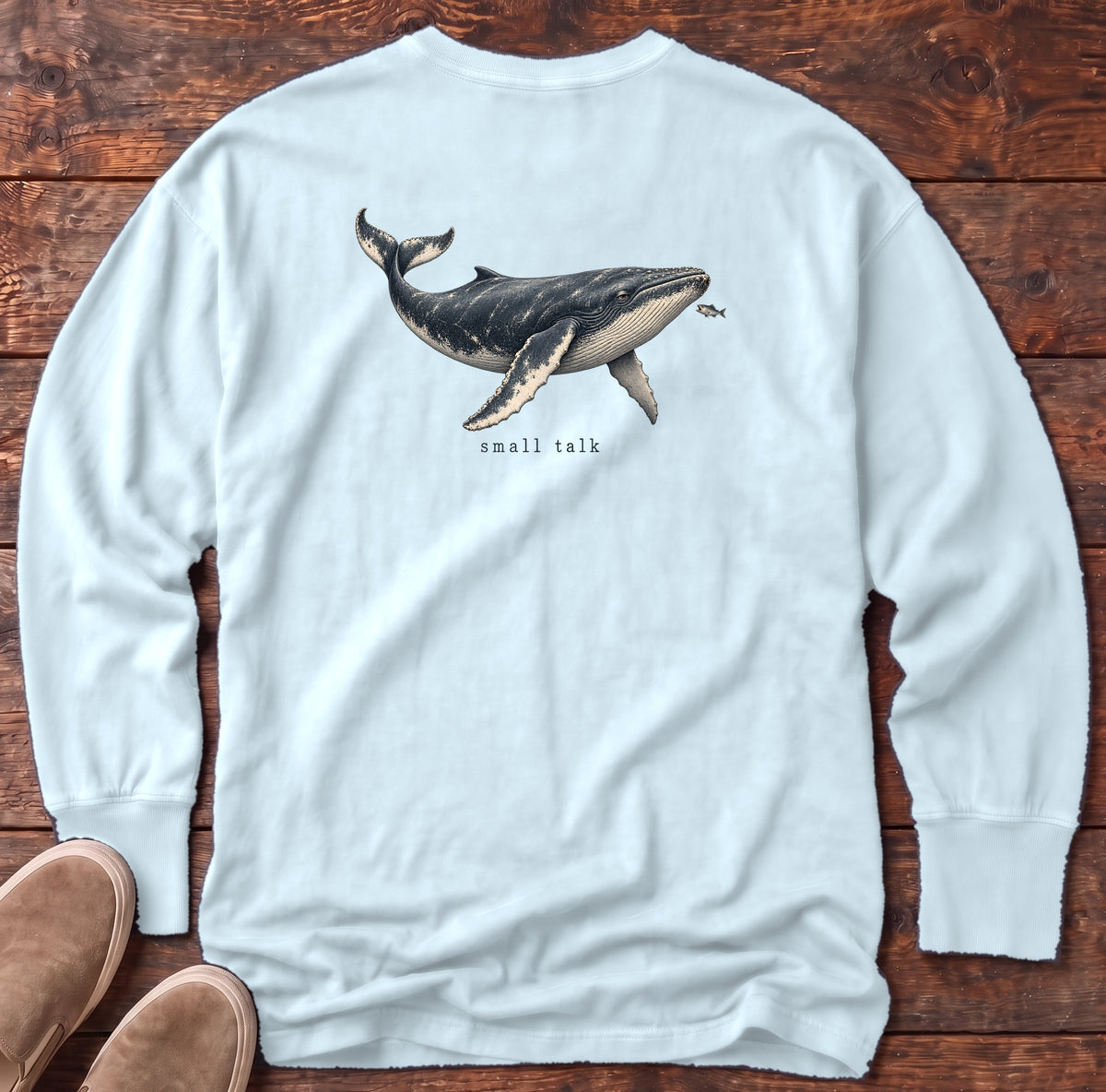 Small Talk Humpback Whale Back Design Long Sleeve Tee Comfort Colors in Chambray, Salty Paws Comfort Colors Long Sleeve Tee, back design flat lay