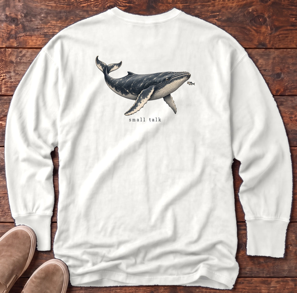 Small Talk Humpback Whale Back Design Long Sleeve Tee Comfort Colors in White, Salty Paws Comfort Colors Long Sleeve Tee, back design flat lay