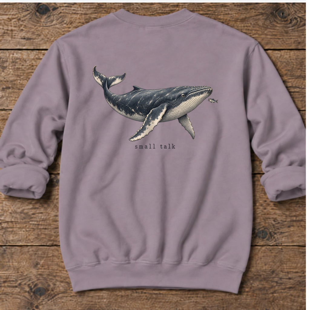 Small Talk Humpback Whale Back Design Midweight Sweatshirt in Paragon, Salty Paws Midweight Sweatshirt, back design flat lay