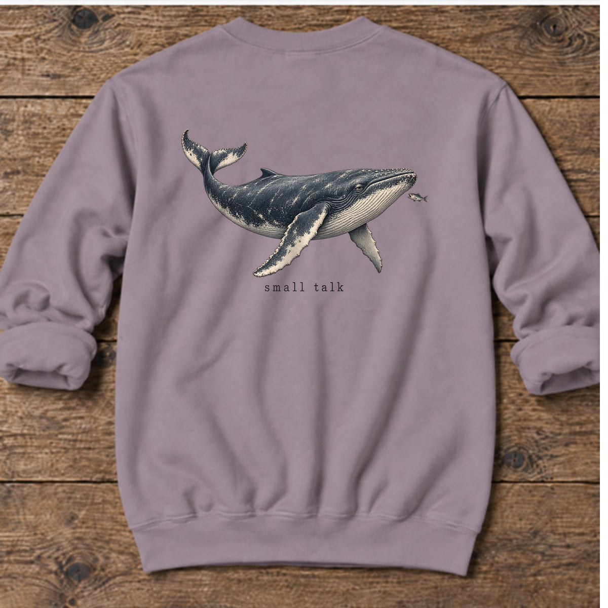 Small Talk Humpback Whale Back Design Midweight Sweatshirt in Paragon, Salty Paws Midweight Sweatshirt, back design flat lay