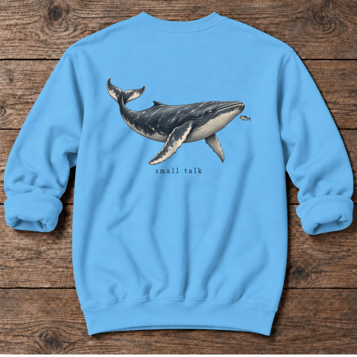 Small Talk Humpback Whale Back Design Midweight Sweatshirt in Sky, Salty Paws Midweight Sweatshirt, back design flat lay