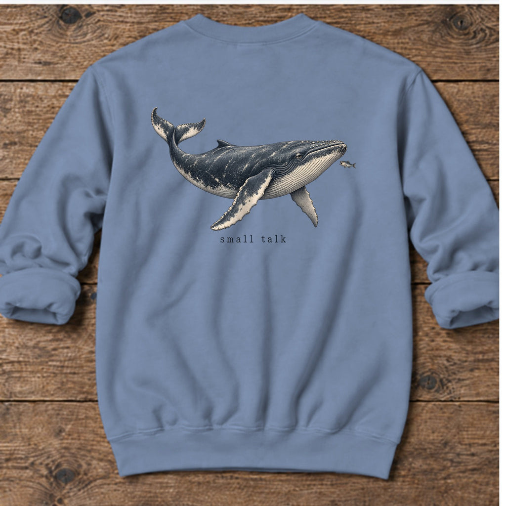 Small Talk Humpback Whale Back Design Midweight Sweatshirt in Stone Blue, Salty Paws Midweight Sweatshirt, back design flat lay
