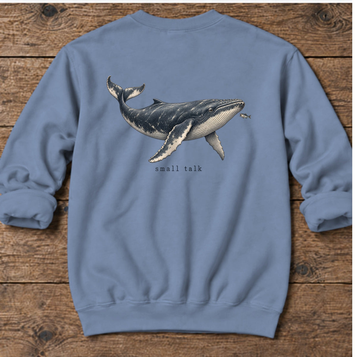 Small Talk Humpback Whale Back Design Midweight Sweatshirt in Stone Blue, Salty Paws Midweight Sweatshirt, back design flat lay