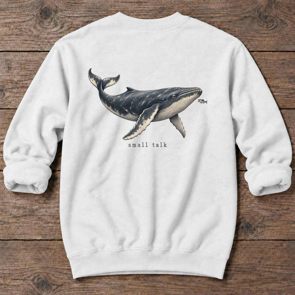 Small Talk Humpback Whale Back Design Midweight Sweatshirt in White, Salty Paws Midweight Sweatshirt, back design flat lay