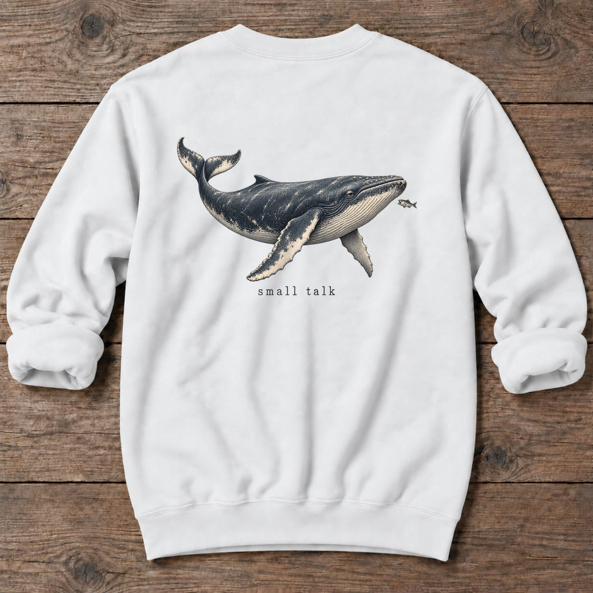 Small Talk Humpback Whale Back Design Midweight Sweatshirt in White, Salty Paws Midweight Sweatshirt, back design flat lay