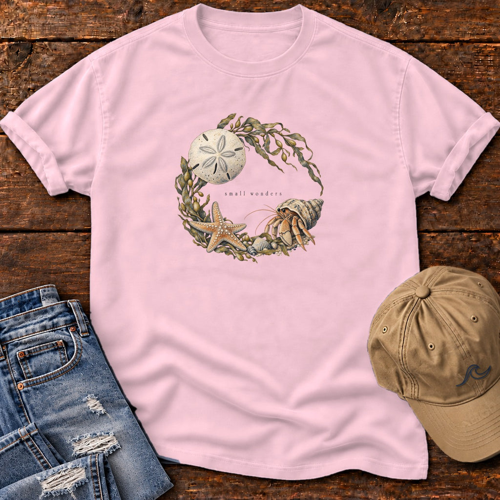 Small Wonders Sand Dollar T-Shirt Comfort Colors in Blossom, Salty Paws Comfort Colors T-Shirt, front design flat lay