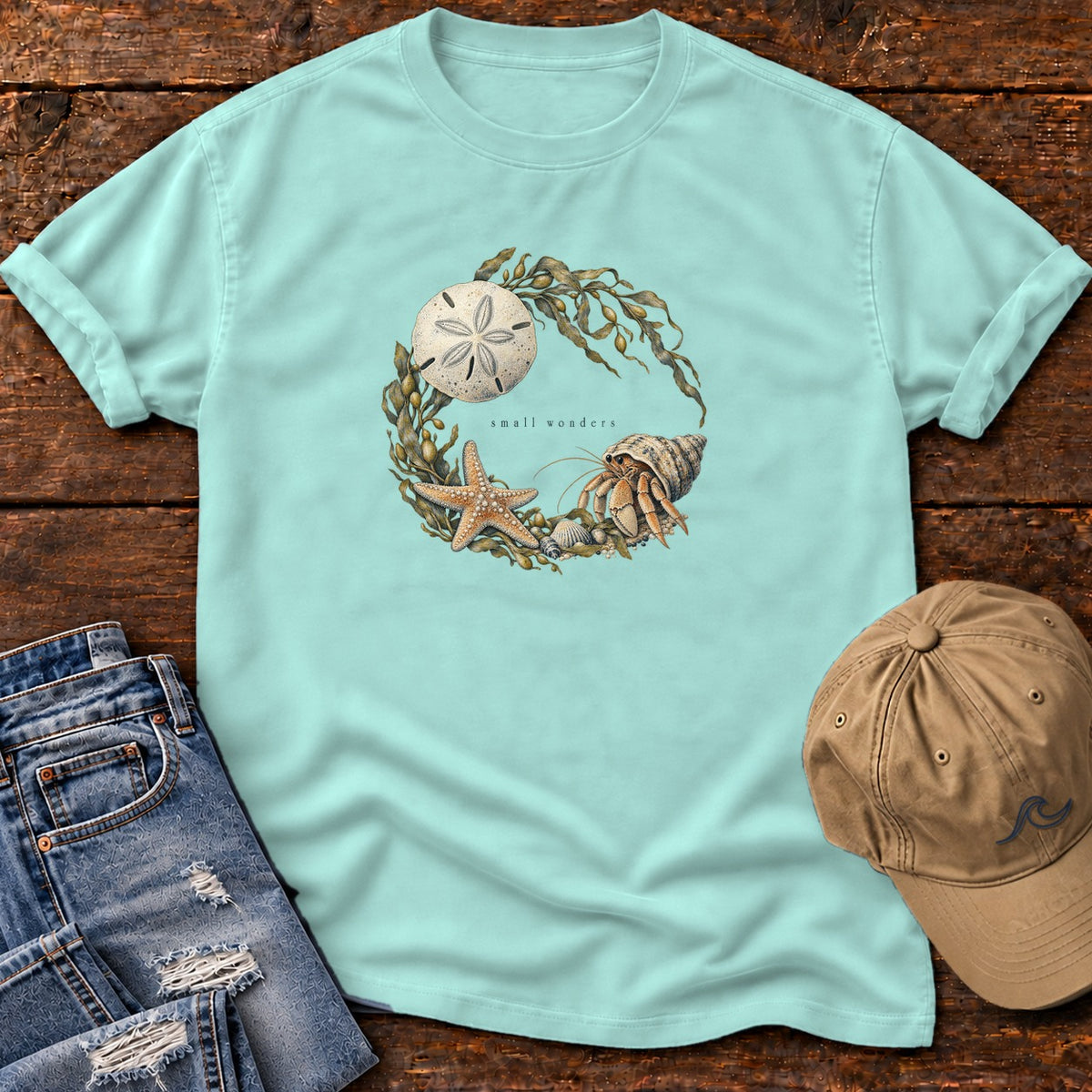 Small Wonders Sand Dollar T-Shirt Comfort Colors in Chalky Mint, Salty Paws Comfort Colors T-Shirt, front design flat lay