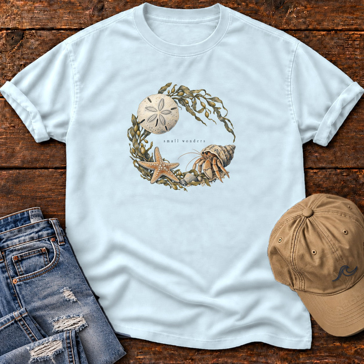Small Wonders Sand Dollar T-Shirt Comfort Colors in Chambray, Salty Paws Comfort Colors T-Shirt, front design flat lay
