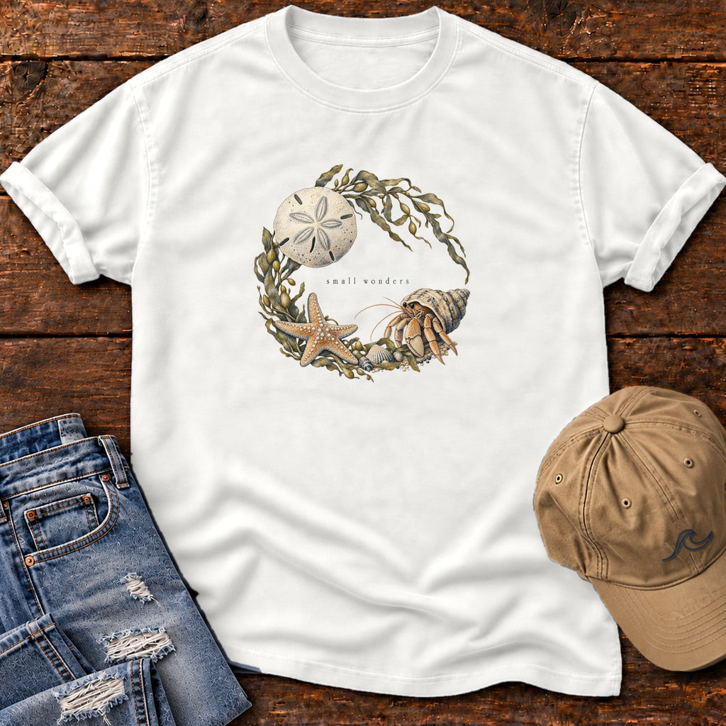 Small Wonders Sand Dollar T-Shirt Comfort Colors in White, Salty Paws Comfort Colors T-Shirt, front design flat lay