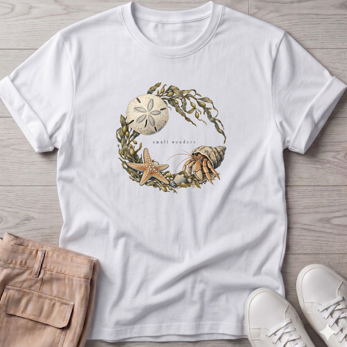 Small Wonders Sand Dollar T-Shirt in White, Salty Paws Soft Style T-Shirt, front design flat lay