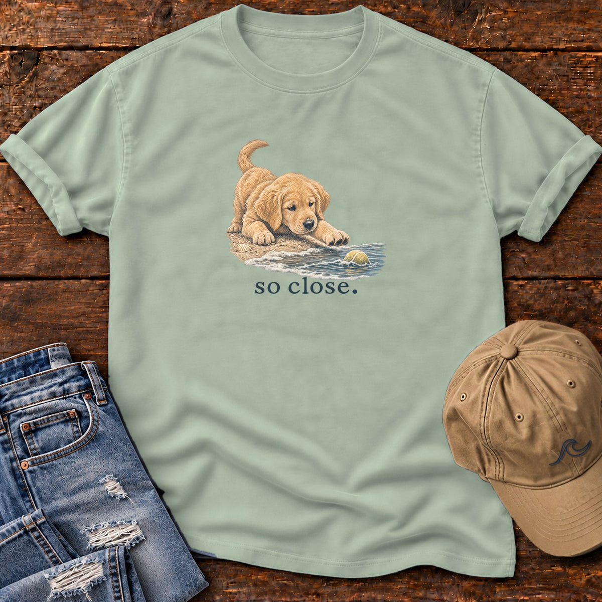 So Close Golden Retriever Puppy 2 T-Shirt in Bay, Salty Paws Comfort Colors T-Shirt, front design flat lay