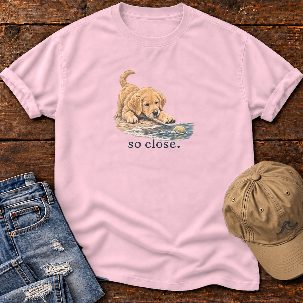 So Close Golden Retriever Puppy 2 T-Shirt in Blossom, Salty Paws Comfort Colors T-Shirt, front design flat lay