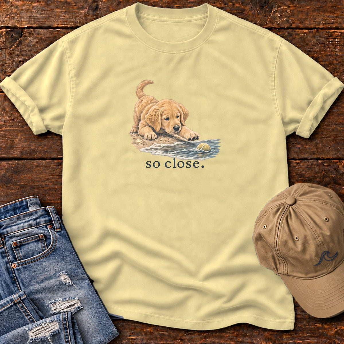 So Close Golden Retriever Puppy 2 T-Shirt in Butter, Salty Paws Comfort Colors T-Shirt, front design flat lay