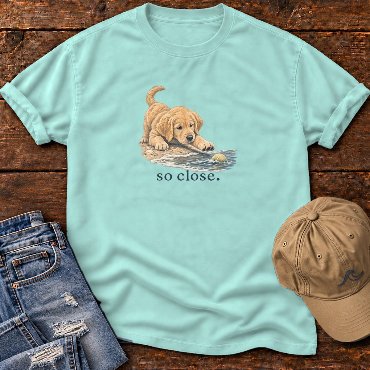 So Close Golden Retriever Puppy 2 T-Shirt in Chalky Mint, Salty Paws Comfort Colors T-Shirt, front design flat lay