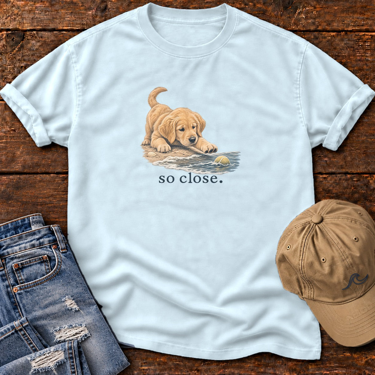 So Close Golden Retriever Puppy 2 T-Shirt in Chambray, Salty Paws Comfort Colors T-Shirt, front design flat lay