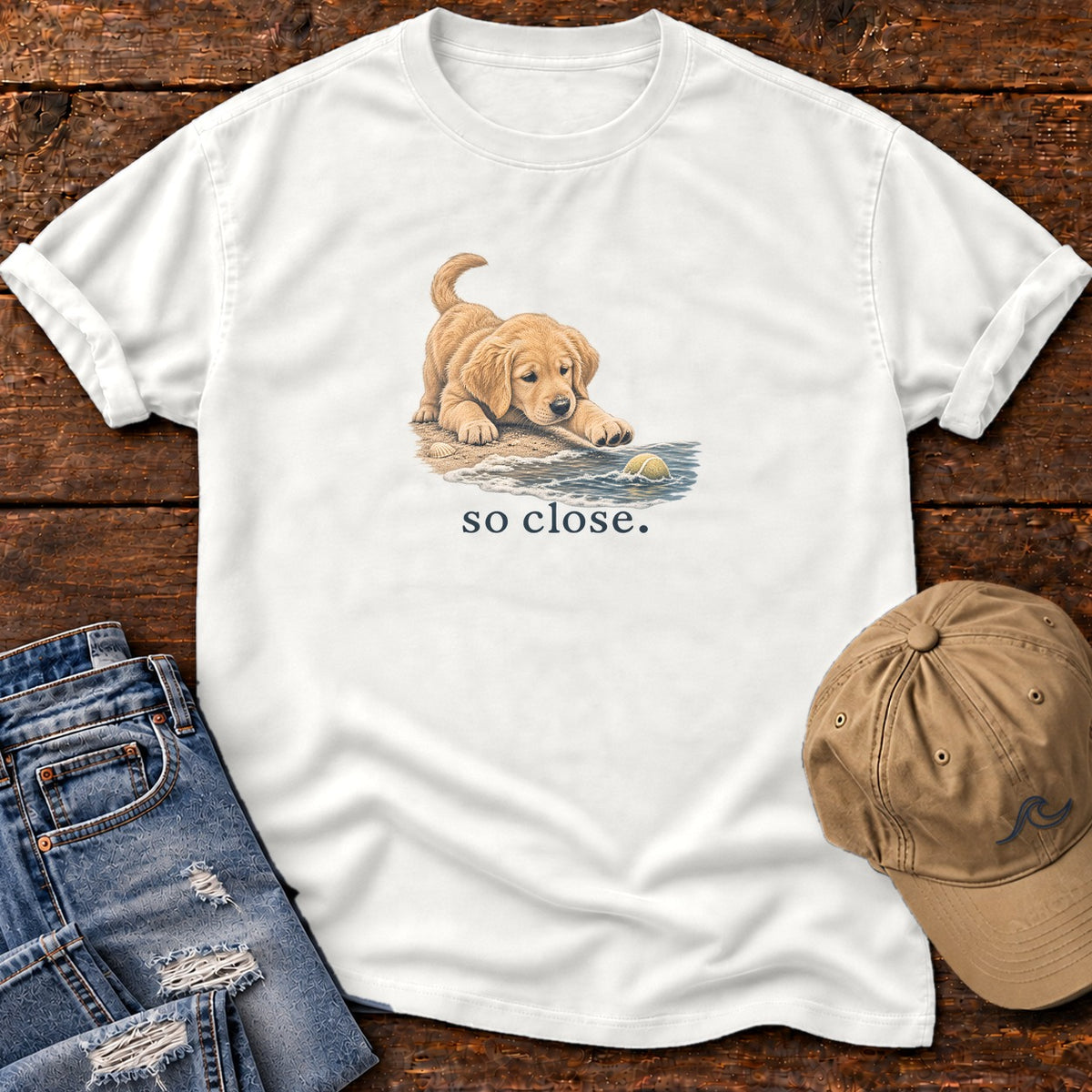 So Close Golden Retriever Puppy 2 T-Shirt in White, Salty Paws Comfort Colors T-Shirt, front design flat lay