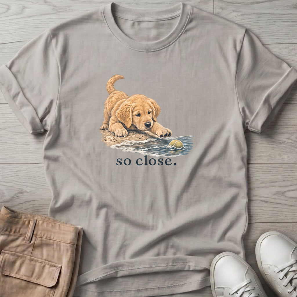 So Close Golden Retriever Puppy 2 T-Shirt in Ice Grey, Salty Paws Soft Style T-Shirt, front design flat lay