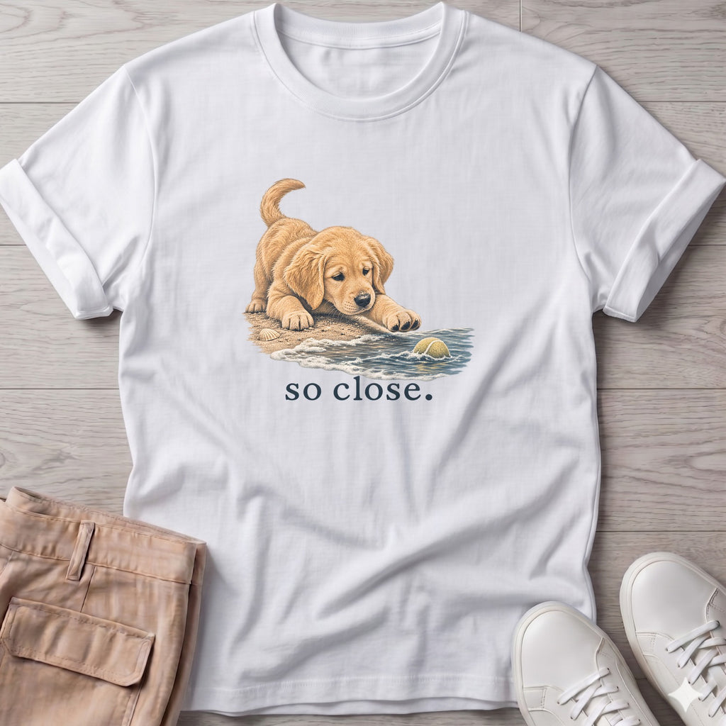 So Close Golden Retriever Puppy 2 T-Shirt in White, Salty Paws Soft Style T-Shirt, front design flat lay