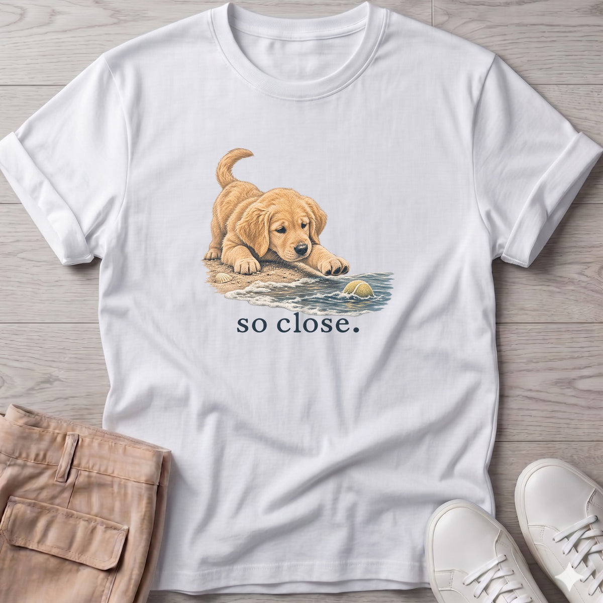 So Close Golden Retriever Puppy 2 T-Shirt in White, Salty Paws Soft Style T-Shirt, front design flat lay