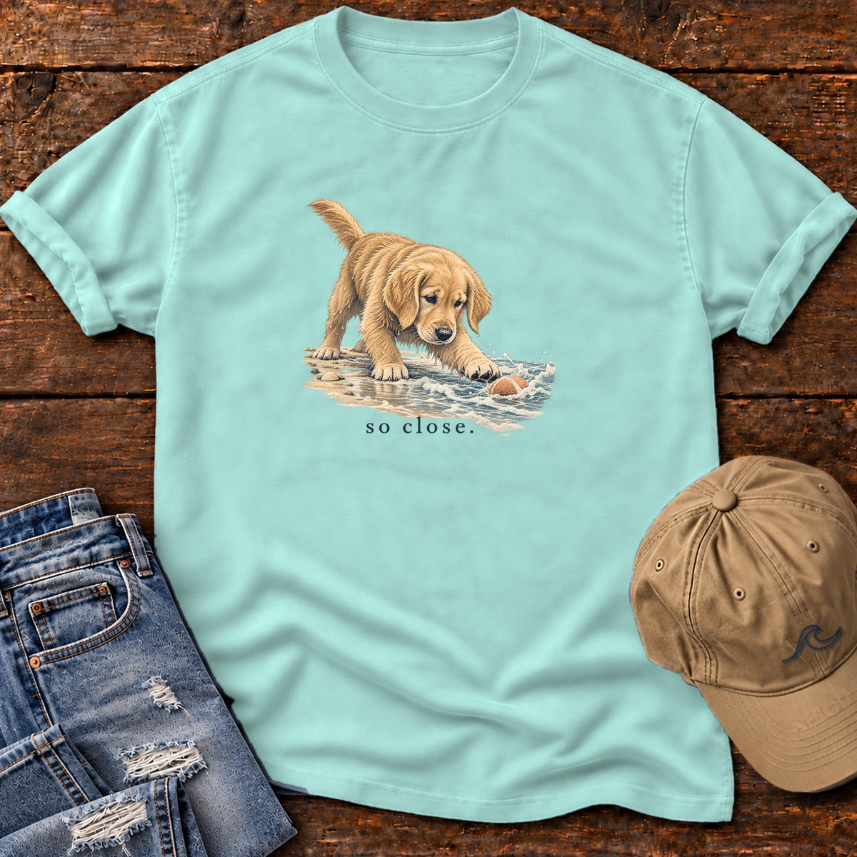 So Close Golden Retriever Puppy T-Shirt in Chalky Mint, Salty Paws Comfort Colors T-Shirt, front design flat lay