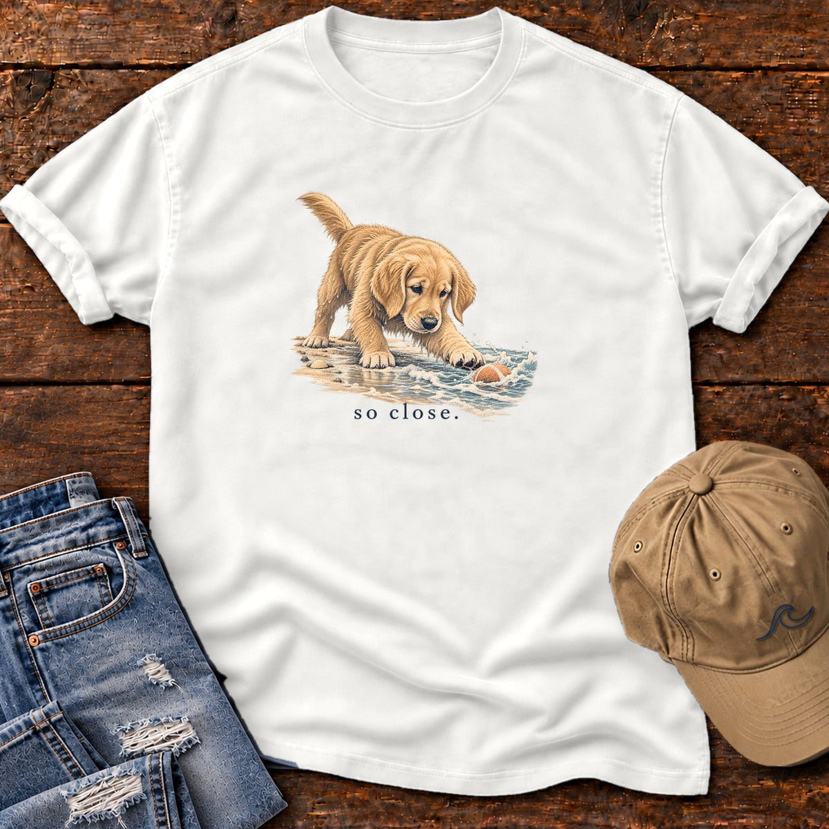 So Close Golden Retriever Puppy T-Shirt in White, Salty Paws Comfort Colors T-Shirt, front design flat lay