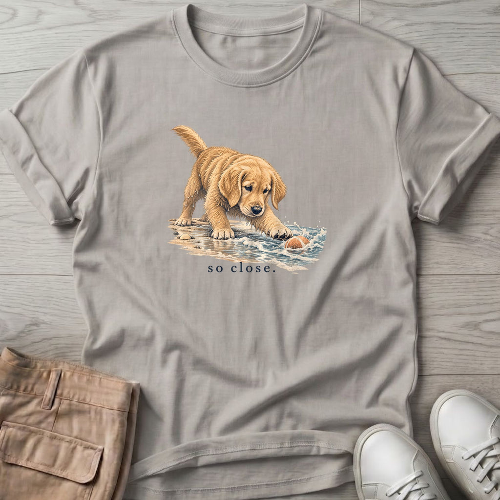 So Close Golden Retriever Puppy T-Shirt in Ice Grey, Salty Paws Soft Style T-Shirt, front design flat lay