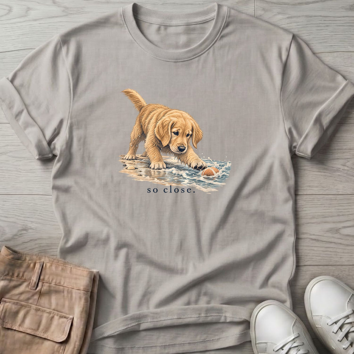 So Close Golden Retriever Puppy T-Shirt in Ice Grey, Salty Paws Soft Style T-Shirt, front design flat lay