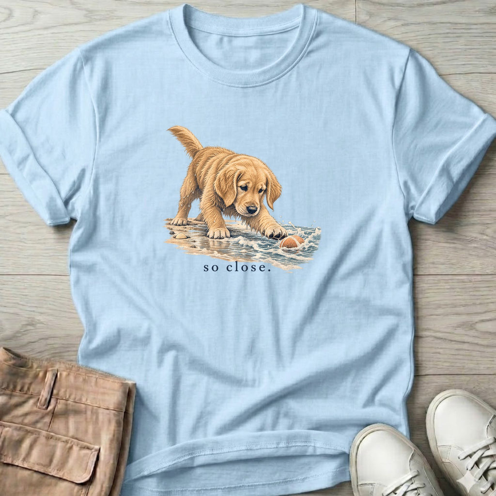 So Close Golden Retriever Puppy T-Shirt in Light Blue, Salty Paws Soft Style T-Shirt, front design flat lay