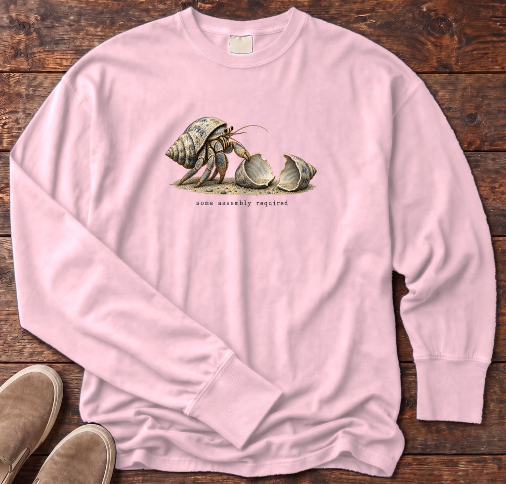 Some Assembly Required Hermit Crab Long Sleeve Tee Comfort Colors in Blossom, Salty Paws Comfort Colors Long Sleeve Tee, front design flat lay