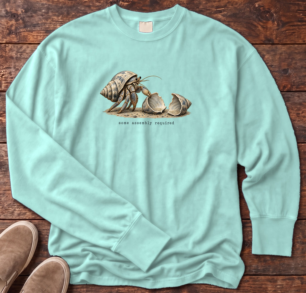 Some Assembly Required Hermit Crab Long Sleeve Tee Comfort Colors in Chalky Mint, Salty Paws Comfort Colors Long Sleeve Tee, front design flat lay