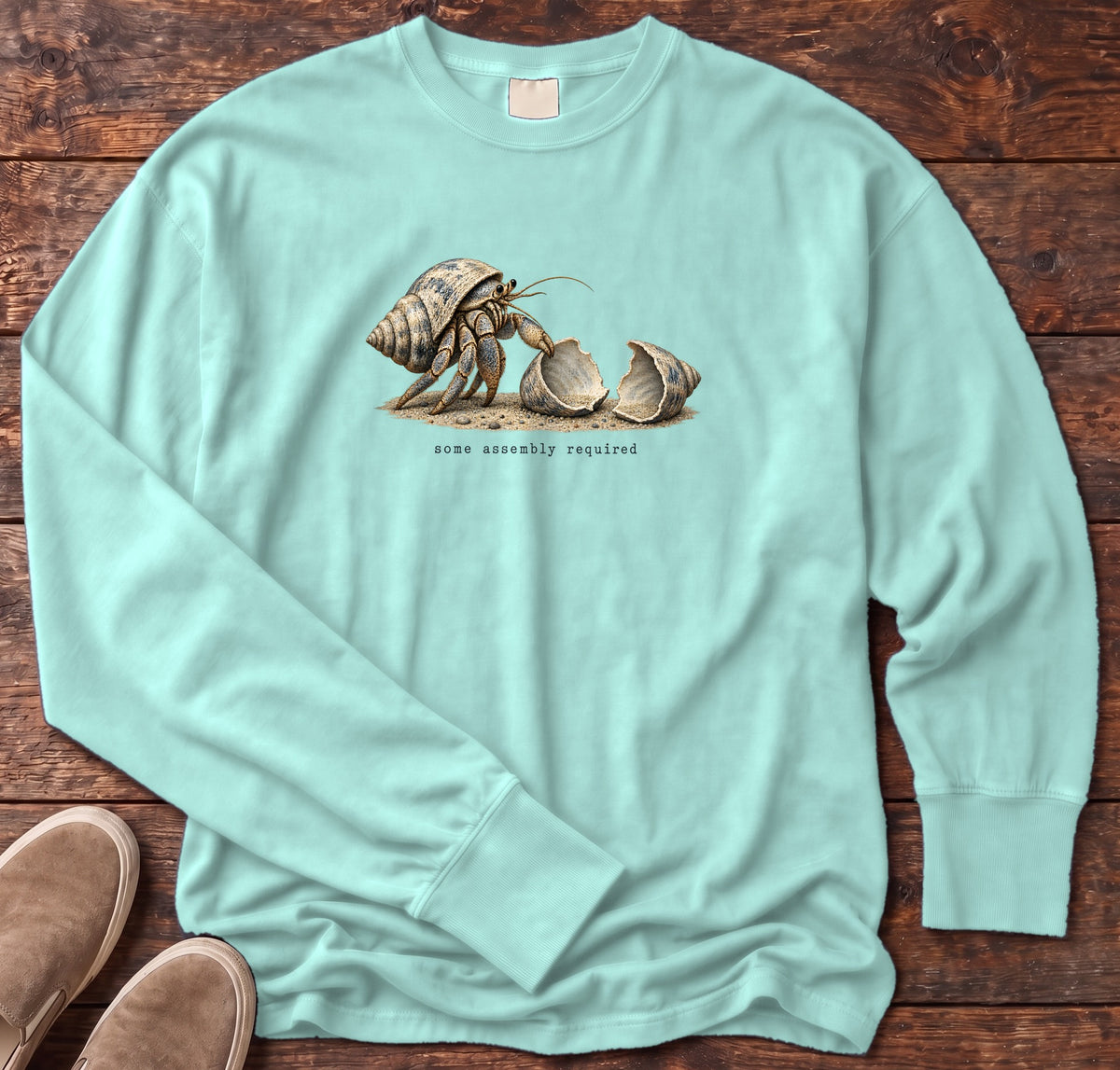 Some Assembly Required Hermit Crab Long Sleeve Tee Comfort Colors in Chalky Mint, Salty Paws Comfort Colors Long Sleeve Tee, front design flat lay