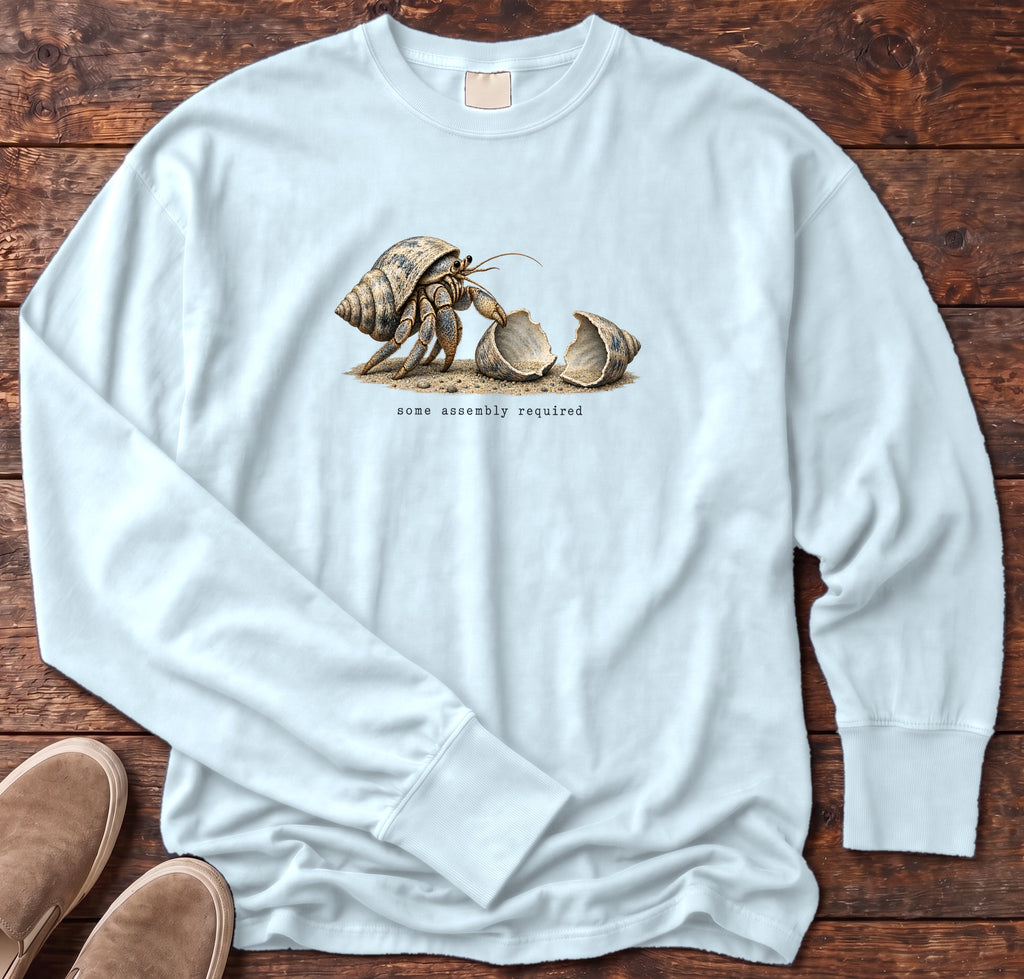 Some Assembly Required Hermit Crab Long Sleeve Tee Comfort Colors in Chambray, Salty Paws Comfort Colors Long Sleeve Tee, front design flat lay