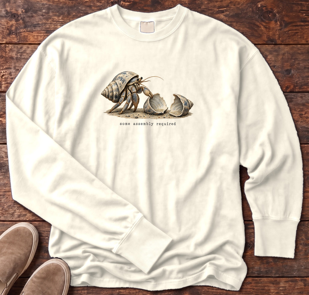 Some Assembly Required Hermit Crab Long Sleeve Tee Comfort Colors in Ivory, Salty Paws Comfort Colors Long Sleeve Tee, front design flat lay
