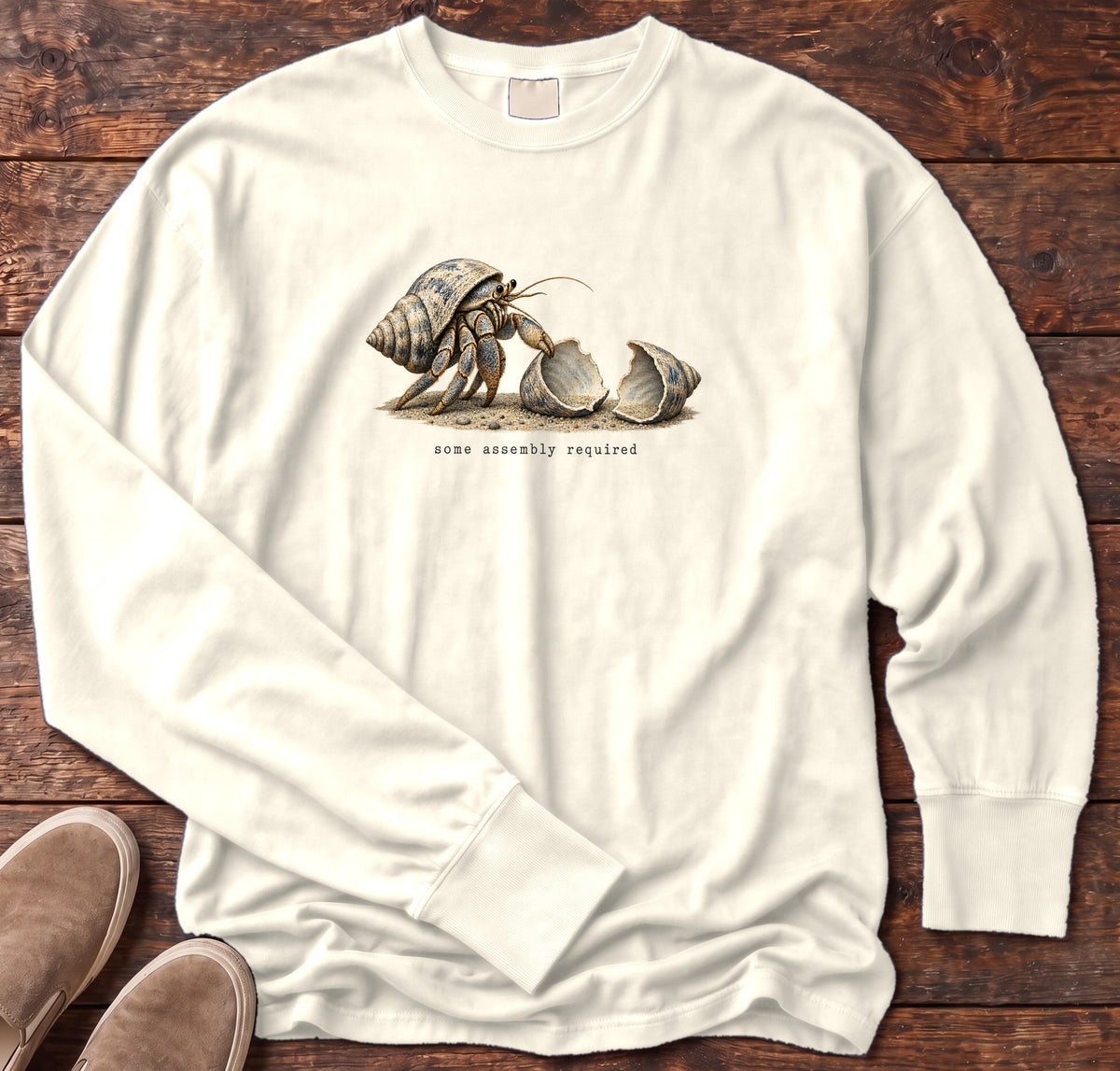 Some Assembly Required Hermit Crab Long Sleeve Tee Comfort Colors in Ivory, Salty Paws Comfort Colors Long Sleeve Tee, front design flat lay