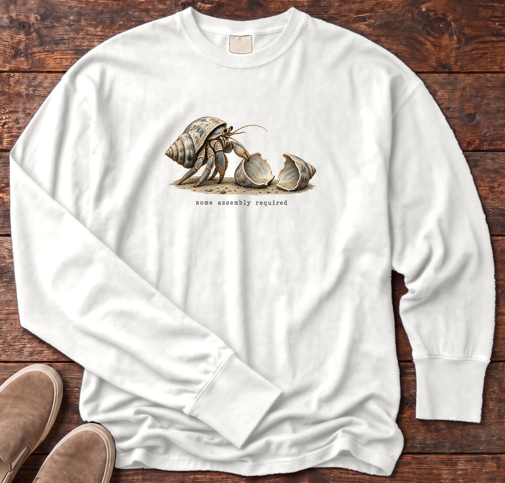 Some Assembly Required Hermit Crab Long Sleeve Tee Comfort Colors in White, Salty Paws Comfort Colors Long Sleeve Tee, front design flat lay