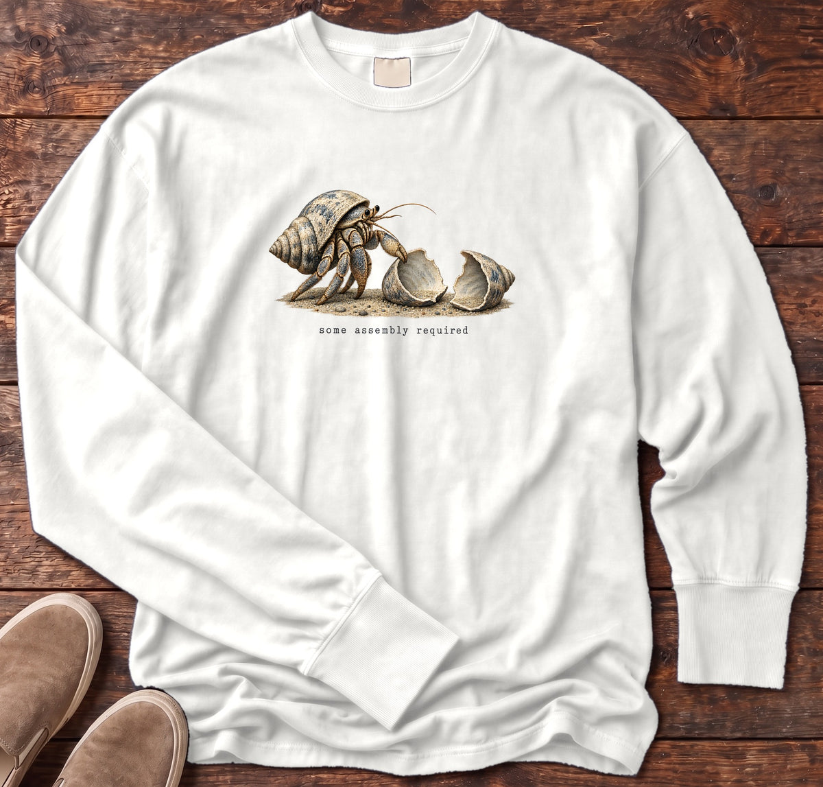 Some Assembly Required Hermit Crab Long Sleeve Tee Comfort Colors in White, Salty Paws Comfort Colors Long Sleeve Tee, front design flat lay